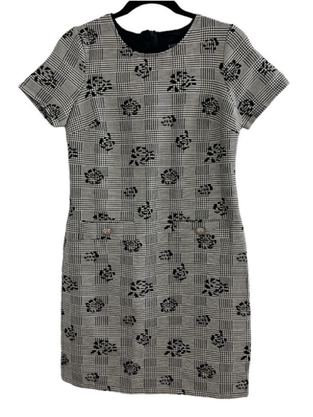 Enfocus Studio Black & Gray Plaid Floral Mini Dress | Short Sleeve